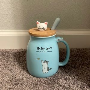 "Enjoy joy" sugar cup with spoon and cat lid